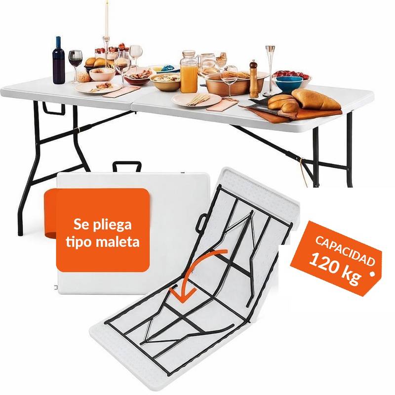 Se pliega como maletín y soporta hasta 120 kg – ideal para fiestas y buffets