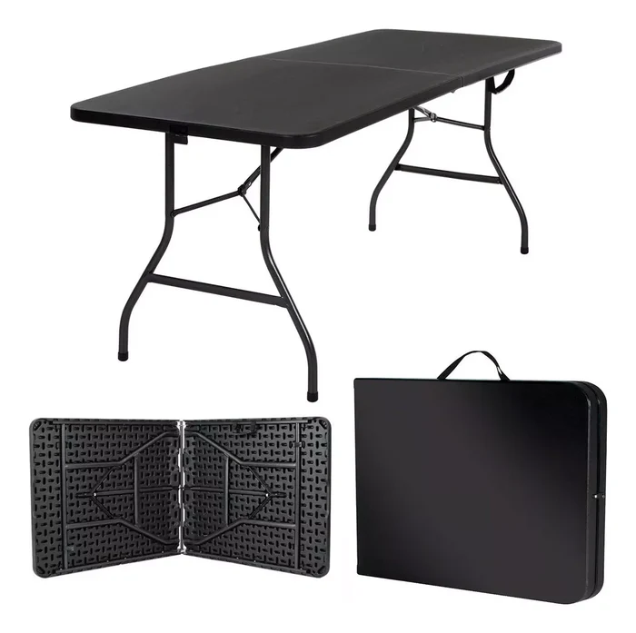Mesa plegable negra – abierta, vista inferior y plegada como maletín